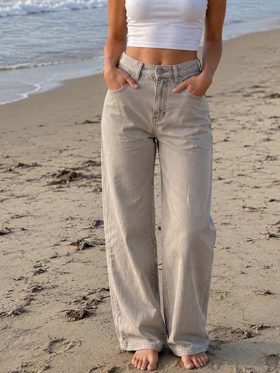 &Denim Denim - &Denim Ultra High-Waist Wide-Leg Jeans in Light Khaki 494